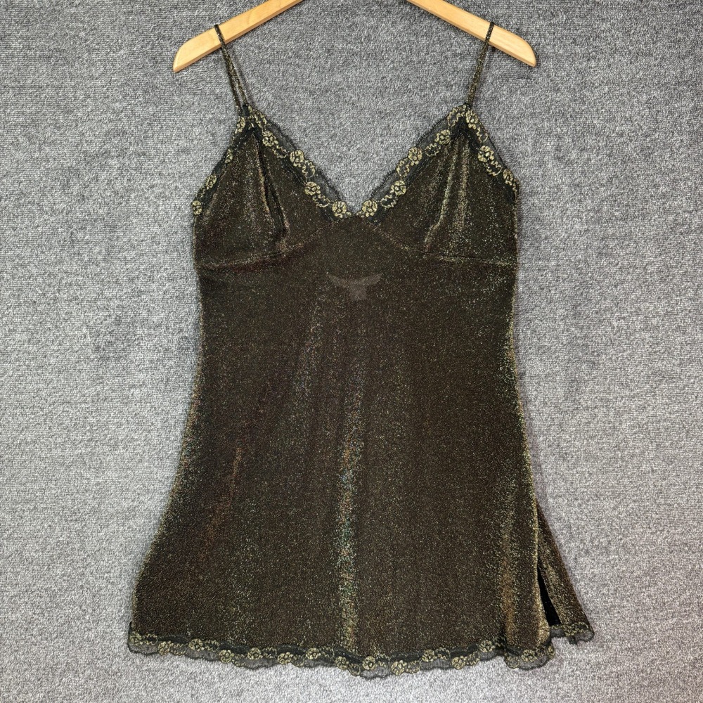 Vintage Victorias Secret Gold Metallic Lace Trim Chemise Nightgown Large